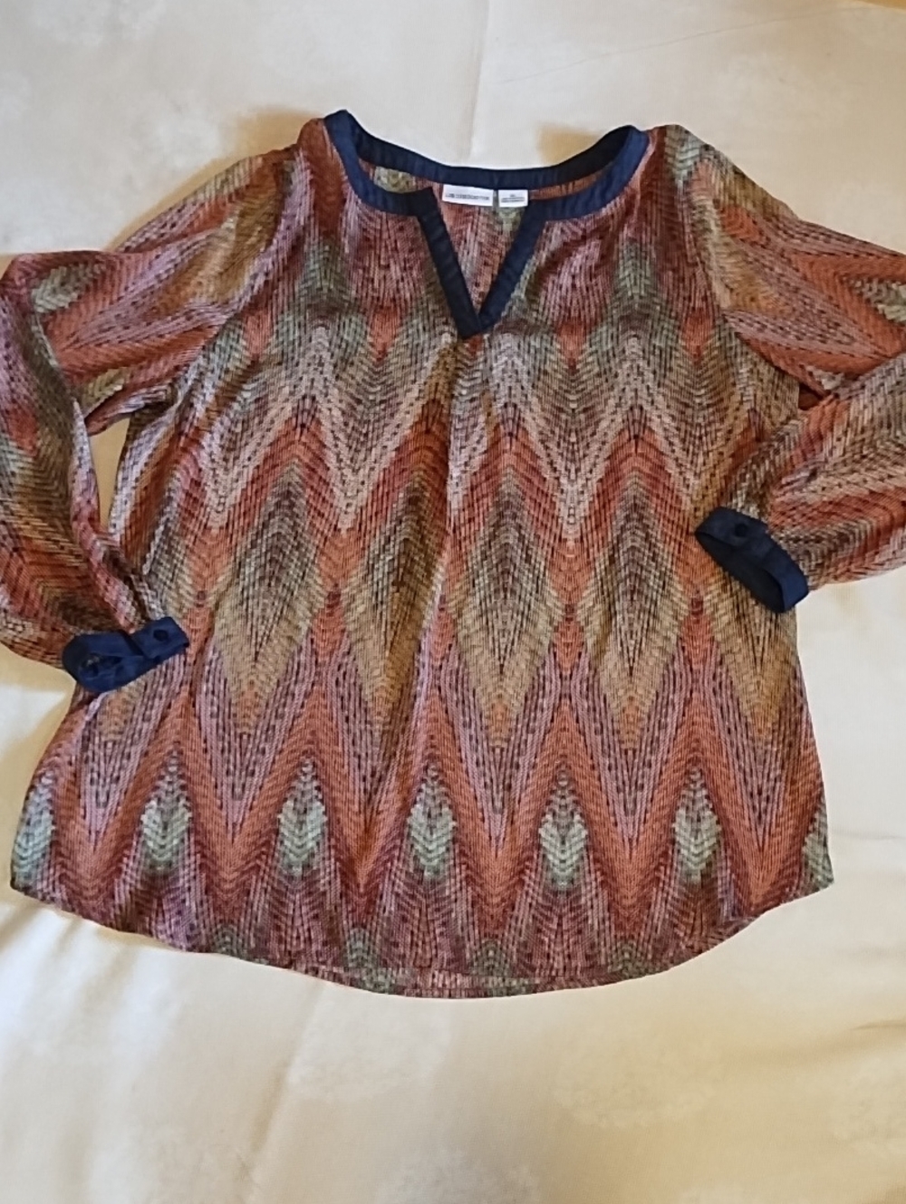 Liz Claiborne Chevron Print Tunic Top - Rust, Brown & Olive EUC XL.
